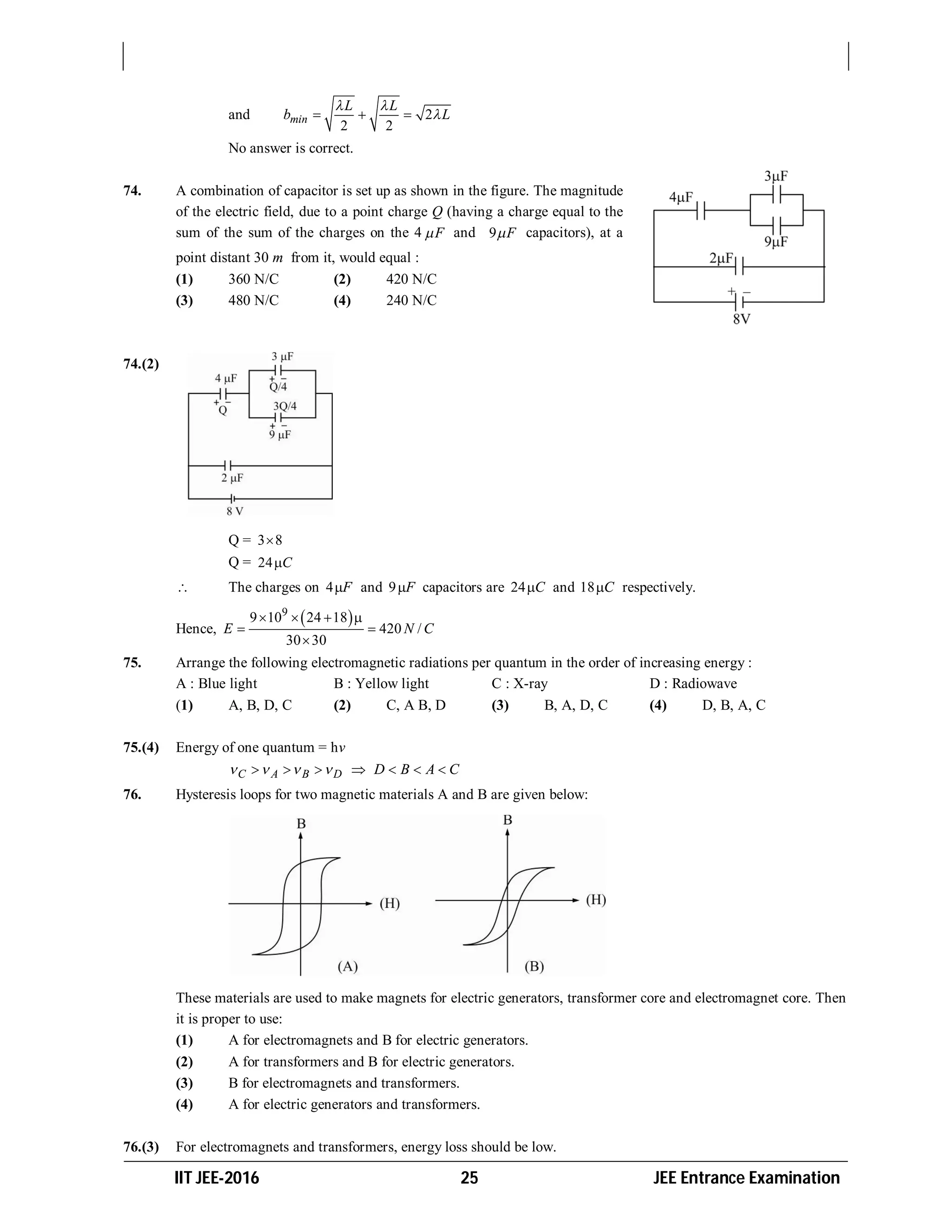 IIT JEE-2016 25 JEE Entrance Examination
and 2
2 2
min
L L
b L
 
  
No answer is correct.
74. A combination of capacitor is set up as shown in the figure. The magnitude
of the electric field, due to a point charge Q (having a charge equal to the
sum of the sum of the charges on the 4 F and 9 F capacitors), at a
point distant 30 m from it, would equal :
(1) 360 N/C (2) 420 N/C
(3) 480 N/C (4) 240 N/C
74.(2)
Q = 3 8
Q = 24 C
 The charges on 4 F and 9 F capacitors are 24 C and 18 C respectively.
Hence,
 9
9 10 24 18
420 /
30 30
E N C
   
 

75. Arrange the following electromagnetic radiations per quantum in the order of increasing energy :
A : Blue light B : Yellow light C : X-ray D : Radiowave
(1) A, B, D, C (2) C, A B, D (3) B, A, D, C (4) D, B, A, C
75.(4) Energy of one quantum = hv
C A B D D B A C         
76. Hysteresis loops for two magnetic materials A and B are given below:
These materials are used to make magnets for electric generators, transformer core and electromagnet core. Then
it is proper to use:
(1) A for electromagnets and B for electric generators.
(2) A for transformers and B for electric generators.
(3) B for electromagnets and transformers.
(4) A for electric generators and transformers.
76.(3) For electromagnets and transformers, energy loss should be low.
 