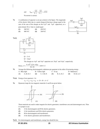 IIT JEE-2016 25 JEE Entrance Examination
and 2
2 2
min
L L
b L
 
  
No answer is correct.
74. A combination of capacitor is set up as shown in the figure. The magnitude
of the electric field, due to a point charge Q (having a charge equal to the
sum of the sum of the charges on the 4 F and 9 F capacitors), at a
point distant 30 m from it, would equal :
(1) 360 N/C (2) 420 N/C
(3) 480 N/C (4) 240 N/C
74.(2)
Q = 3 8
Q = 24 C
 The charges on 4 F and 9 F capacitors are 24 C and 18 C respectively.
Hence,
 9
9 10 24 18
420 /
30 30
E N C
   
 

75. Arrange the following electromagnetic radiations per quantum in the order of increasing energy :
A : Blue light B : Yellow light C : X-ray D : Radiowave
(1) A, B, D, C (2) C, A B, D (3) B, A, D, C (4) D, B, A, C
75.(4) Energy of one quantum = hv
C A B D D B A C         
76. Hysteresis loops for two magnetic materials A and B are given below:
These materials are used to make magnets for electric generators, transformer core and electromagnet core. Then
it is proper to use:
(1) A for electromagnets and B for electric generators.
(2) A for transformers and B for electric generators.
(3) B for electromagnets and transformers.
(4) A for electric generators and transformers.
76.(3) For electromagnets and transformers, energy loss should be low.
 