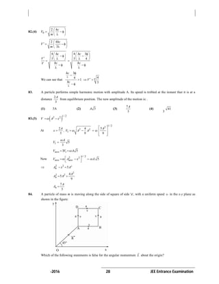 -2016 28 JEE Entrance Examination
82.(4) 0
2 hc
V
m
 
    
2 4
3
hc
V
m
 
     
4
3
hc
V
hcV
 
    
 

4 3
3 4
hc
hc
 
 
 
 

We can see that
3
4
1
hc
hc





 
4
3
VV  
83. A particle performs simple harmonic motion with amplitude A. Its speed is trebled at the instant that it is at a
distance
2
3
A
from equilibrium position. The new amplitude of the motion is: .
(1) 3A (2) 3A (3)
7
3
A
(4) 41
3
A
83.(3)  
1 2
2 2
/
V A x 
At 2 2
1
2 4
3 9
A
x , V A A  
1 2
2
5
9
/
A

 
  
  
1 5
3
A
V


13 5newV V A 
Now
1 2
2 2
/
new newV A x   
 
5A
 2 2 2
5nA x A 
2
2 2 4
5
9
n
A
A A 
7
3
n
A
A 
84. A particle of mass m is moving along the side of square of side 'a', with a uniform speed  in the x-y plane as
shown in the figure:
Which of the following statements is false for the angular momentum L

about the origin?
 