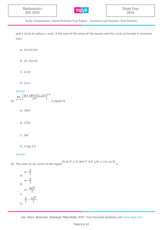 Jee Main Mathematics 2016 solved Question Paper | PDF