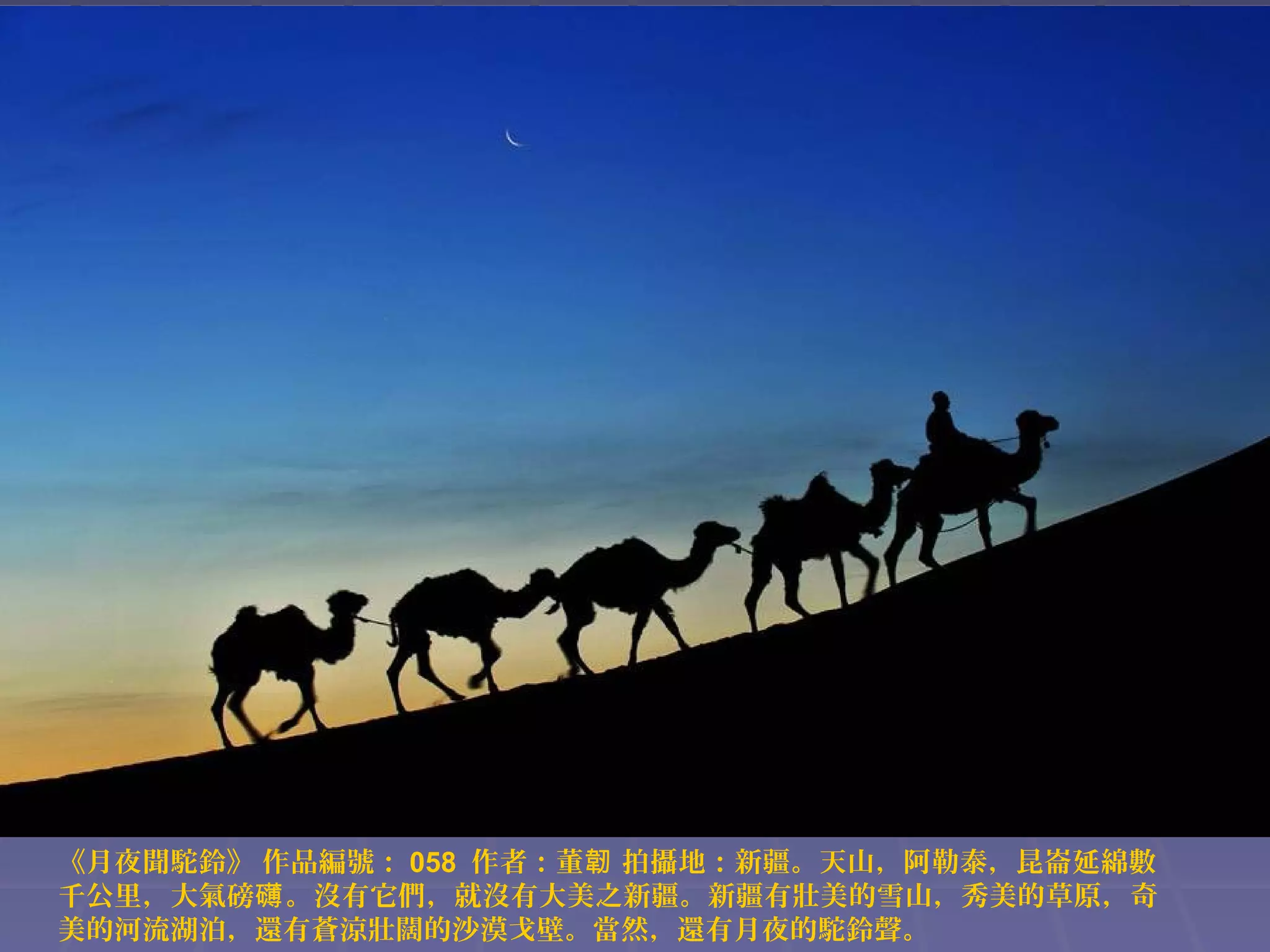《月夜聞駝鈴》 作品編號： 058 作者：董韌 拍攝地：新疆。天山，阿勒泰，昆崙延綿數
千公里，大氣磅礴 。沒有它們，就沒有大美之新疆。新疆有壯美的雪山，秀美的草原，奇
美的河流湖泊，還有蒼涼壯闊的沙漠戈壁。當然，還有月夜的駝鈴聲。

 