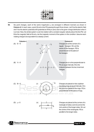 p   q       r       s       t
                                                   A       p   q       r       s       t
                                                   B       p   q       r       s       t
                                                   C       p   q       r       s       t
                                                   D       p   q       r       s       t



59.   Six point charges, each of the same magnitude q, are arranged in different manners as shown in
      Column–II. In each case, a point M and a line PQ passing through M are shown. Let E be the electric field
      and V be the electric potential at M (potential at infinity is zero) due to the given charge distribution when it
      is at rest. Now, the whole system is set into rotation with a constant angular velocity about the line PQ. Let
      B be the magnetic field at M and  be the magnetic moment of the system in this condition. Assume each
      rotating charge to be equivalent to a steady current.


              Column–I                                                                                     Column–II
      (A) E = 0                          (p)                                                       Charges are at the corners of a
                                                       +                           Q
                                                                                                   regular hexagon. M is at the
                                                                   –

                                               –                           +                       centre of the hexagon. PQ is
                                                                                                   perpendicular to the plane of
                                                       +                                           the hexagon.
                                               P
                                                                   –




      (B) V  0                          (q)                           P                           Charges are on a line perpendicular to
                                                                                                   PQ at equal intervals. M is the
                                                   –       +   –           +       –       +       midpoint between the two innermost
                                                                       M
                                                                                                   charges.

                                                                       Q




      (C) B = 0                          (r)       +                                           Q   Charges are placed on two coplanar
                                                               –                       +
                                                                                                   insulating rings at equal intervals. M is
                                                                                                   the common centre of the rings. PQ is
                                                               M
                                                                                                   perpendicular to the plane of rings.
                                                       –                       –

                                               P
                                                               +



      (D)  0                          (s)       –           +                   –               Charges are placed at the corners of a
                                                                       M                           rectangle of sides a and 2a and at the
                                               P                                           Q
                                                                                                   mid–points of the longer sides. M is at
                                                   –           +                   –
                                                                                                   the centre of the rectangular. PQ is
                                                                                                   parallel to the longer sides.




       RESONANCE                                                                                                           Page # 35
 