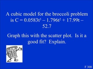 A cubic model for the broccoli problem
is C = 0.0583t3
– 1.796t2
+ 17.99t –
52.7
Graph this with the scatter plot. Is it a
good fit? Explain.
F 300
 