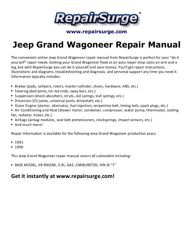 Jeep grand wagoneer repair manual 1990 1991