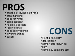 PROS
• capable of towing & off-road
• great handling
• good for winter
• cargo capacity
• reliable & durable


                                        CONS
• “easy to drive”
• good safety ratings
• lower insurance
• stylish                        • fuel economy
                                 • depreciation
                                 • some years known as
                                 noisy
                                 • some say seats are stiff
 