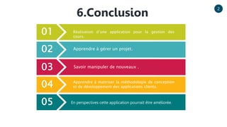 2
6.Conclusion
01
02
03
04
05
Réalisation d’une application pour la gestion des
cours.
Apprendre à gérer un projet.
Savoir manipuler de nouveaux .
Apprendre à maitriser la méthodologie de conception
et de développement des applications clients.
En perspectives cette application pourrait être améliorée.
 