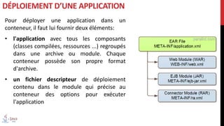 Pour déployer une application dans un
conteneur, il faut lui fournir deux éléments:
• l'application avec tous les composants
(classes compilées, ressources ...) regroupés
dans une archive ou module. Chaque
conteneur possède son propre format
d'archive.
• un fichier descripteur de déploiement
contenu dans le module qui précise au
conteneur des options pour exécuter
l'application
DÉPLOIEMENT D’UNE APPLICATION
 