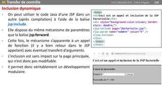 Inclusion dynamique
• On peut utiliser le code Java d’une JSP dans un
autre (après compilation) à l’aide de la balise
jsp:include.
• Elle dispose du même mécanisme de paramètres
que la balise jsp:forward.
• Cette fois, le mécanisme s’apparente à un appel
de fonction (il y a bien retour dans le JSP
appelant) avec éventuel transfert d’arguments.
• L’inclusion est sans impact sur la page principale,
qui n’est donc pas modifiable.
• Il permet donc véritablement un développement
modulaire.
 Transfer de contrôle Prof Y.BOUKOUCHI - ENSA d'Agadir 109
<body>
<h2>Ceci est un appel et inclusion de la JSP
factorielle</h2>
<div style="background-color:silver; border-
style: double;">
<jsp:include page="factorielle.jsp">
<jsp:param name="nombre" value="5" />
</jsp:include>
</div>
</body>
</html>
 