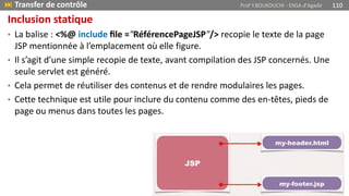 Inclusion statique
• La balise : <%@ include ﬁle ="RéférencePageJSP"/> recopie le texte de la page
JSP mentionnée à l’emplacement où elle figure.
• Il s’agit d’une simple recopie de texte, avant compilation des JSP concernés. Une
seule servlet est généré.
• Cela permet de réutiliser des contenus et de rendre modulaires les pages.
• Cette technique est utile pour inclure du contenu comme des en-têtes, pieds de
page ou menus dans toutes les pages.
 Transfer de contrôle Prof Y.BOUKOUCHI - ENSA d'Agadir 110
 