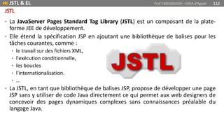 • La JavaServer Pages Standard Tag Library (JSTL) est un composant de la plate-
forme JEE de développement.
• Elle étend la spécification JSP en ajoutant une bibliothèque de balises pour les
tâches courantes, comme :
• le travail sur des fichiers XML,
• l'exécution conditionnelle,
• les boucles
• l'internationalisation.
• …
• La JSTL, en tant que bibliothèque de balises JSP, propose de développer une page
JSP sans y utiliser de code Java directement ce qui permet aux web designers de
concevoir des pages dynamiques complexes sans connaissances préalable du
langage Java.
 JSTL & EL Prof Y.BOUKOUCHI - ENSA d'Agadir 112
JSTL
 