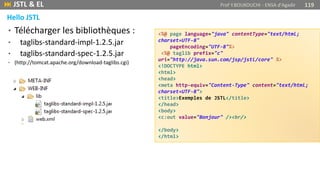 • Télécharger les bibliothèques :
• taglibs-standard-impl-1.2.5.jar
• taglibs-standard-spec-1.2.5.jar
• (http://tomcat.apache.org/download-taglibs.cgi)
<%@ page language="java" contentType="text/html;
charset=UTF-8"
pageEncoding="UTF-8"%>
<%@ taglib prefix="c"
uri="http://java.sun.com/jsp/jstl/core" %>
<!DOCTYPE html>
<html>
<head>
<meta http-equiv="Content-Type" content="text/html;
charset=UTF-8">
<title>Exemples de JSTL</title>
</head>
<body>
<c:out value="Bonjour" /><br/>
</body>
</html>
Hello JSTL
 JSTL & EL Prof Y.BOUKOUCHI - ENSA d'Agadir 119
 