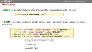 <c:out> : permet d’afficher la valeur d’une variable, ce tag est équivalent à <%= ...%>
<c:out value= ${'Bonjour ENSA'} /><br/>
 JSTL & EL Prof Y.BOUKOUCHI - ENSA d'Agadir 121
JSTLCoreTags
<c:set>: permet de stocker une variable dans une portée particulière (page, request, session ou
application)
<c:set var= "montantHT" scope="session" value='${6600}' />
<c:set var="TVA" scope="session" value='${0.20}' />
<p>Montant HT: <c:out value='${montantHT}' /><p>
<p>Montant TTC: <c:out value= '${montantHT*(1+TVA)}' /><p>
 