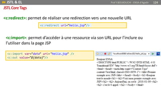 <c:redirect>: permet de réaliser une redirection vers une nouvelle URL
<c:redirect url="hello.jsp"/>
 JSTL & EL Prof Y.BOUKOUCHI - ENSA d'Agadir 124
JSTLCoreTags
<c:import>: permet d’accéder à une ressource via son URL pour l’inclure ou
l’utiliser dans la page JSP
<c:import var="data" url= "hello.jsp" />
<c:out value="${data}"/>
 