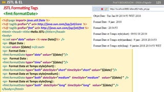 <fmt:formatDate>
<%@page import= java.util.Date %>
<%@ taglib prefix="c" uri= http://java.sun.com/jsp/jstl/core %>
<%@ taglib prefix="fmt" uri= http://java.sun.com/jsp/jstl/fmt %>
<html> <head> <title>Hello JSTL</title></head>
<body>
<c:set var="date" value= <%=new Date()%> />
<p> Objet Date :
<c:out value= ${date} ></c:out>
<p> Format Date :
<fmt:formatDate type="date" value="${date} "/>
<p> Format Date :
<fmt:formatDate type="time" value="${date} "/>
<p> Format Date et Temps style(short) :
<fmt:formatDate type="both" dateStyle="short" timeStyle="short" value="${date} "/>
<p> Format Date et Temps style(medium) :
<fmt:formatDate type="both" dateStyle="medium" timeStyle="medium" value="${date} " />
<p> Format Date et Temps style(long) :
<fmt:formatDate type="both" dateStyle="long" timeStyle="long" value="${date} " />
</body></html>
 JSTL & EL Prof Y.BOUKOUCHI - ENSA d'Agadir 125
JSTLFormattingTags
 