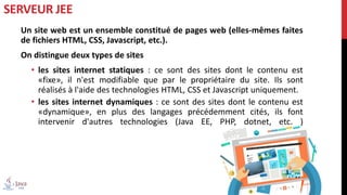 Un site web est un ensemble constitué de pages web (elles-mêmes faites
de fichiers HTML, CSS, Javascript, etc.).
On distingue deux types de sites
• les sites internet statiques : ce sont des sites dont le contenu est
«fixe», il n'est modifiable que par le propriétaire du site. Ils sont
réalisés à l'aide des technologies HTML, CSS et Javascript uniquement.
• les sites internet dynamiques : ce sont des sites dont le contenu est
«dynamique», en plus des langages précédemment cités, ils font
intervenir d'autres technologies (Java EE, PHP, dotnet, etc. )
SERVEUR JEE
 