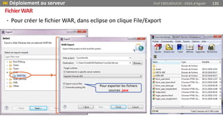 • Pour créer le fichier WAR, dans eclipse on clique File/Export
 Déploiement au serveur Prof Y.BOUKOUCHI - ENSA d'Agadir 135
FichierWAR
Pour exporter les fichiers
sources .java
 