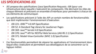 LES SPÉCIFICATIONS JEE
• JEE propose des spécifications (Java Specification Requests -JSR-)pour une
infrastructure dans laquelle s'exécutent les composants. Elle décrivent les rôles de
chaque élément et précisent un ensemble d'interfaces pour permettre à chacun de
ces éléments de communiquer.
• Les spécifications précisent à l'aide des API un certain nombre de fonctionnalités
que doit implémenter l'environnement d'exécution:
• JSR 221: JDBCTM 4.0 API Specification
• JSR 52: A Standard Tag Library for JavaServer Pages
• JSR 369: JavaTM Servlet 4.0 Specification
• JSR 370: JavaTM API for RESTful Web Services (JAX-RS 2.1) Specification
• JSR 371: Model-View-Controller (MVC 1.0) Specification
• Etc.
• Ces fonctionnalités permettent de séparer les applications et l'environnement dans
lequel elles s'exécutent et permettent aux développeurs de se concentrer sur la
logique métier.
 