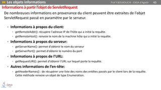 Informationsàpartirl’objetdeServletRequest
• Informations à propos du client:
• getRemoteAddr(): récupère l'adresse IP de l'hôte qui a initié la requête.
• getRemoteHost(): renvoie le nom de la machine hôte qui a initié la requête.
• Informations à propos du serveur:
• getServerName(): permet d'obtenir le nom du serveur
• getServerPort(): permet d'obtenir le numéro du port
• Informations à propos de l’URL:
• getRequestURI(): permet d'obtenir l'URL sur lequel porte la requête.
• Autres informations de l’en-tête:
• getHeaderNames() : de récupérer une liste des noms des entêtes passés par le client lors de la requête.
Cette méthode renvoie un objet de type Enumeration.
 Les objets informations Prof Y.BOUKOUCHI - ENSA d'Agadir 43
De nombreuses informations en provenance du client peuvent être extraites de l'objet
ServletRequest passé en paramètre par le serveur.
 