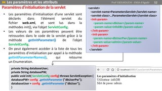 Paramètresd'initialisationdelaservlet
 Les paramètres et les attributs Prof Y.BOUKOUCHI - ENSA d'Agadir 52
• Les paramètres d'initialisation d’une servlet sont
déclarés dans l'élément servlet du
fichier web.xml, et sont lus dans la
méthodes init(), via l'objet ServletConfig.
• Les valeurs de ces paramètres peuvent être
retrouvées dans le code de la servlet grâce à la
méthode getInitParameter() de l'objet
ServletConfig.
• On peut également accéder à la liste de tous les
paramètres d'initialisation par appel à la méthode
getInitParameterNames(), qui retourne
un Enumeration.
private String databaseUser;
private String databasePW;
public void init( ServletConfig config) throws ServletException {
databasePW= config .getInitParameter ("dbUserPw");
databaseUser = config .getInitParameter ("dbUser");
}
<servlet>
<servlet-name>ParametersServlet</servlet-name>
<servlet-class>...ParametersServlet</servlet-class>
<init-param>
<param-name>dbUser</param-name>
<param-value>infoDB</param-value>
</init-param>
<init-param>
<param-name>dbUserPw</param-name>
<param-value>admin</param-value>
</init-param>
</servlet>
 