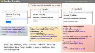 Servlet1 Servlet2
Cookie invalide après 60 secondes
 Session Tracking Prof Y.BOUKOUCHI - ENSA d'Agadir 63
<form action="servlet1" method="get">
<label for="email">Adresse Email</label>
<input type="email" name="email" >
<button type="submit">Envoyer</button>
</form>
String email = request.getParameter("email");
Cookie ck = new Cookie("email", email);
ck.setMaxAge(1 * 60);
response.addCookie(ck);
response.setContentType("text/html");
page.println("<HTML><HEAD><TITLE>Session
Tracking</TITLE></HEAD><BODY>");
…
Cookie cks[] = request.getCookies();
int indice = -1;
for (int i = 0; i < cks.length; i++) {
if (cks[i].getName().equals("email"))
indice = i;
}
if (indice != -1 && cks[indice].getValue() != null) {
response.setContentType("text/html");
...
page.println("<h3>Bienvenue : " +
cks[indice].getValue() + "</h3>");
...
} else {
response.sendRedirect("login.html");
}
Dans cet exemple, nous stockons l’adresse email de
l'utilisateur dans l'objet cookie et nous y accédons dans
une autre servlet.
 