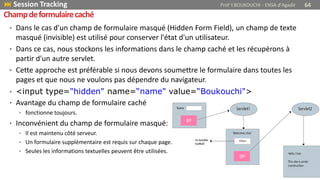 • Dans le cas d'un champ de formulaire masqué (Hidden Form Field), un champ de texte
masqué (invisible) est utilisé pour conserver l'état d'un utilisateur.
• Dans ce cas, nous stockons les informations dans le champ caché et les récupérons à
partir d'un autre servlet.
• Cette approche est préférable si nous devons soumettre le formulaire dans toutes les
pages et que nous ne voulons pas dépendre du navigateur.
• <input type="hidden" name=“name" value=“Boukouchi">
• Avantage du champ de formulaire caché
• fonctionne toujours.
• Inconvénient du champ de formulaire masqué:
• Il est maintenu côté serveur.
• Un formulaire supplémentaire est requis sur chaque page.
• Seules les informations textuelles peuvent être utilisées.
 Session Tracking Prof Y.BOUKOUCHI - ENSA d'Agadir 64
Champdeformulairecaché
 