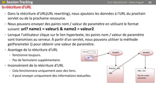 • Dans la réécriture d'URL(URL rewriting), nous ajoutons les données à l'URL du prochain
servlet ou de la prochaine ressource.
• Nous pouvons envoyer des paires nom / valeur de paramètre en utilisant le format
suivant: url? name1 = valeur1 & name2 = valeur2
• Lorsque l'utilisateur clique sur le lien hypertexte, les paires nom / valeur de paramètre
sont transmises au serveur. À partir d'un servlet, nous pouvons utiliser la méthode
getParameter () pour obtenir une valeur de paramètre.
• Avantage de la réécriture d'URL
• fonctionne toujours.
• Pas de formulaire supplémentaire.
• Inconvénient de la réécriture d'URL
• Cela fonctionnera uniquement avec des liens.
• Il peut envoyer uniquement des informations textuelles.
 Session Tracking Prof Y.BOUKOUCHI - ENSA d'Agadir 66
laréécritured'URL
 