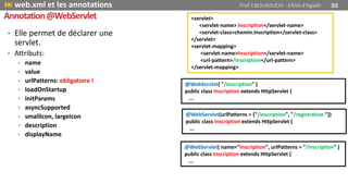 • Elle permet de déclarer une
servlet.
• Attributs:
• name
• value
• urlPatterns: obligatoire !
• loadOnStartup
• initParams
• asyncSupported
• smallIcon, largeIcon
• description
• displayName
 web.xml et les annotations Prof Y.BOUKOUCHI - ENSA d'Agadir 88
Annotation@WebServlet <servlet>
<servlet-name> Inscription</servlet-name>
<servlet-class>chemin.Inscription</servlet-class>
</servlet>
<servlet-mapping>
<servlet-name>Inscription</servlet-name>
<url-pattern>/inscription</url-pattern>
</servlet-mapping>
@WebServlet( "/inscription" )
public class Inscription extends HttpServlet {
...
@WebServlet( name="Inscription", urlPatterns = "/inscription" )
public class Inscription extends HttpServlet {
...
@WebServlet(urlPatterns = {"/inscription", "/registration "})
public class Inscription extends HttpServlet {
...
 