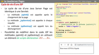 • Le cycle de vie d'une Java Server Page est
identique à une Servlet:
• La méthode jspInit() est appelée après le
chargement de la page
• La méthode _jspService() est appelée à chaque
requête
• La méthode jspDestroy() est appelé lors du
déchargement
• Possibilité de redéfinir dans le code JSP les
méthodes jspInit() et jspDestroy() en utilisant
un élément de scripts déclaration <%!...%>.
<%@ page language="java" contentType="text/html; charset=UTF-
8"
pageEncoding="UTF-8"%>
<!DOCTYPE html>
<html>
<head>
<meta http-equiv="Content-Type" content="text/html;
charset=UTF-8">
<title>Insert title here</title>
</head>
<body>
<%!public void jspInit() {
/* Redéfinition de la méthode jspInit()*/
ecole = "ENSA d'Agadir";
}%>
<%!String ecole;%>
Bienvenue à <%=ecole%>
</body>
</html>
 Le JavaServer Pages Prof Y.BOUKOUCHI - ENSA d'Agadir 98
Cycledevied’uneJSP
 