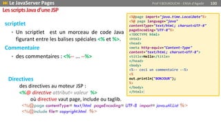 scriptlet
• Un scriptlet est un morceau de code Java
figurant entre les balises spéciales <% et %>.
Commentaire
• des commentaires : <%-- ... --%>
<%@page import="java.time.LocalDate"%>
<%@ page language="java"
contentType="text/html; charset=UTF-8"
pageEncoding="UTF-8"%>
<!DOCTYPE html>
<html>
<head>
<meta http-equiv="Content-Type"
content="text/html; charset=UTF-8">
<title>Hello</title>
</head>
<body>
<%-- ceci un commentaire --%>
<%
out.println("BONJOUR");
%>
</body>
</html>
 Le JavaServer Pages Prof Y.BOUKOUCHI - ENSA d'Agadir 100
LesscriptsJavad’uneJSP
Directives
des directives au moteur JSP :
<%@ directive attribut= valeur %>
où directive vaut page, include ou taglib.
<%@page contentType= text/html pageEncoding= UTF-8 import= java.util.List %>
<%@include file= copyright.html %>
 