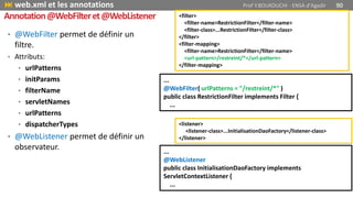 • @WebFilter permet de définir un
filtre.
• Attributs:
• urlPatterns
• initParams
• filterName
• servletNames
• urlPatterns
• dispatcherTypes
• @WebListener permet de définir un
observateur.
 web.xml et les annotations Prof Y.BOUKOUCHI - ENSA d'Agadir 90
Annotation@WebFilteret@WebListener <filter>
<filter-name>RestrictionFilter</filter-name>
<filter-class>...RestrictionFilter</filter-class>
</filter>
<filter-mapping>
<filter-name>RestrictionFilter</filter-name>
<url-pattern>/restreint/*</url-pattern>
</filter-mapping>
...
@WebFilter( urlPatterns = "/restreint/*" )
public class RestrictionFilter implements Filter {
...
<listener>
<listener-class>...InitialisationDaoFactory</listener-class>
</listener>
...
@WebListener
public class InitialisationDaoFactory implements
ServletContextListener {
...
 