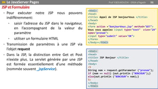 • Pour exécuter notre JSP nous pouvons
indifféremment:
• saisir l’adresse du JSP dans le navigateur,
en l’accompagnant de la valeur du
paramètre
• utiliser un formulaire HTML
• Transmission de paramètres à une JSP via
l’objet request
• Dans la JSP, la distinction entre Get et Post
n’existe plus. La servlet générée par une JSP
est formée essentiellement d’une méthode
(nommée souvent _jspService).
<html>
<head>
<title> JSP Bonjour </title>
</head>
<body>
<%
String nom = request.getParameter ("prenom");
if (nom == null) {out.println ("BONJOUR");}
else{out.println ("BONJOUR"+ nom);}
%>
</body>
</html>
<html>
<head>
<title> Appel de JSP bonjourVous </title>
</head>
<body>
<form action ="bonjourVous.jsp" method="GET">
Vous vous appelez <input type="text" size="24"
name="prenom">
<input type="submit" value="OK">
</form>
</body></html>
 Le JavaServer Pages Prof Y.BOUKOUCHI - ENSA d'Agadir 96
JSPetFormulaire
 