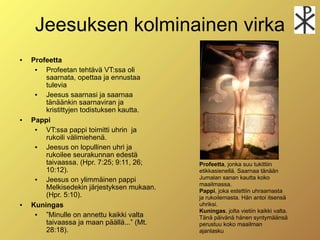 Jeesuksen kolminainen virka
   Profeetta
       Profeetan tehtävä VT:ssa oli
        saarnata, opettaa ja ennustaa
        tulevia
       Jeesus saarnasi ja saarnaa
        tänäänkin saarnaviran ja
        kristittyjen todistuksen kautta.
   Pappi
       VT:ssa pappi toimitti uhrin ja
        rukoili välimiehenä.
       Jeesus on lopullinen uhri ja
        rukoilee seurakunnan edestä
        taivaassa. (Hpr. 7:25; 9:11, 26;    Profeetta, jonka suu tukittiin
        10:12).                             etikkasienellä. Saarnaa tänään
       Jeesus on ylimmäinen pappi          Jumalan sanan kautta koko
                                            maailmassa.
        Melkisedekin järjestyksen mukaan.   Pappi, joka estettiin uhraamasta
        (Hpr. 5:10).                        ja rukoilemasta. Hän antoi itsensä
   Kuningas                                uhriksi.
                                            Kuningas, jolta vietiin kaikki valta.
       ”Minulle on annettu kaikki valta    Tänä päivänä hänen syntymäänsä
        taivaassa ja maan päällä...” (Mt.   perustuu koko maailman
        28:18).                             ajanlasku
 