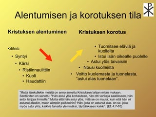 Alentumisen ja korotuksen tila
Kristuksen alentuminen                                   Kristuksen korotus


Sikisi

                                                                     Tuomitsee eläviä ja
                                                                      

                                                                     kuolleita
       Syntyi                                                     Istui Isän oikealle puolelle

                                                               Astui ylös taivaisiin
           Kärsi
             Ristiinnaulittiin
                                                           Nousi kuolleista
               Kuoli
                                                       Voitto kuolemasta ja tuonelasta,
               Haudattiin
                                                        ”astui alas tuonelaan”.


            ”Mutta itsekullekin meistä on armo annettu Kristuksen lahjan mitan mukaan.
            Sentähden on sanottu: "Hän astui ylös korkeuteen, hän otti vankeja saaliikseen, hän
            antoi lahjoja ihmisille." Mutta että hän astui ylös, mitä se on muuta, kuin että hän oli
            astunut alaskin, maan alimpiin paikkoihin? Hän, joka on astunut alas, on se, joka
            myös astui ylös, kaikkia taivaita ylemmäksi, täyttääkseen kaikki”. (Ef. 4:7-10)
 