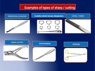 Examples of types of sharp / cutting
Curette which knows dissectors
 