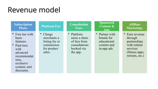 Revenue model
Subscription
Plans:
• Free tier with
basic
features.
• Paid tiers
with
advanced
recommendat
ions,
exclusive
content, and
discounts.
Platform Fee:
• Charge
merchants a
listing fee or
commission
for product
sales.
Consultation
Fees:
• Platform
earns a share
of fees from
consultations
booked via
the app.
Sponsored
Content &
Ads:
• Partner with
brands for
educational
content and
in-app ads.
Affiliate
Marketing:
• Earn revenue
through
partnerships
with related
services
(fitness apps,
retreats, etc.)
 