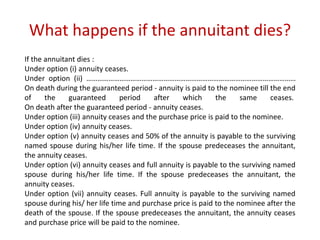 What happens if the annuitant dies? 
If the annuitant dies : 
Under option (i) annuity ceases. 
Under option (ii) …………………………………………………………………………………………………… 
On death during the guaranteed period - annuity is paid to the nominee till the end 
of the guaranteed period after which the same ceases. 
On death after the guaranteed period - annuity ceases. 
Under option (iii) annuity ceases and the purchase price is paid to the nominee. 
Under option (iv) annuity ceases. 
Under option (v) annuity ceases and 50% of the annuity is payable to the surviving 
named spouse during his/her life time. If the spouse predeceases the annuitant, 
the annuity ceases. 
Under option (vi) annuity ceases and full annuity is payable to the surviving named 
spouse during his/her life time. If the spouse predeceases the annuitant, the 
annuity ceases. 
Under option (vii) annuity ceases. Full annuity is payable to the surviving named 
spouse during his/ her life time and purchase price is paid to the nominee after the 
death of the spouse. If the spouse predeceases the annuitant, the annuity ceases 
and purchase price will be paid to the nominee. 
 