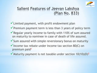 Limited payment, with profit endowment plan
Premium payment term is less than 3 years of policy term
Regular yearly income to family with 110% of sum assured
on maturity to nominee in case of death of life assured.
Sum assured with simple reversionary bonus on maturity
Income tax rebate under Income tax section 80(C) on
premium paid1
Maturity payment is not taxable under section 10(10)(D)2
 