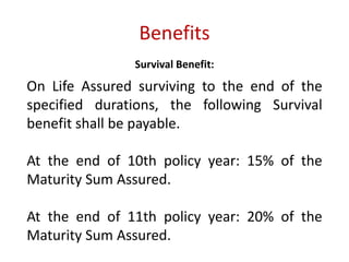 Benefits 
Survival Benefit: 
On Life Assured surviving to the end of the 
specified durations, the following Survival 
benefit shall be payable. 
At the end of 10th policy year: 15% of the 
Maturity Sum Assured. 
At the end of 11th policy year: 20% of the 
Maturity Sum Assured. 
 