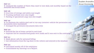 DAY 17:
➢ Analyzed the number of fleets they need to rent daily and monthly based on the
demands and actual needs
DAY 18:
➢ Overview of storage and safety was taught
➢ Tracking methods were also taught
➢ Packing of specialized cargo was also taught
DAY 19:
➢ To maintain the vehicle pool and to run any container vehicle the permission and
documents were maintained
➢ Arranged the permission documents data wise
DAY 20:
➢ Entered the list of items carried in each load
➢ Separate list for unauthorised goods were made and it was sent to the contractor
DAY 21:
➢ Made phone calls for personal billing
➢ Got information from the log sheet in the vehicle and entered in the database
DAY 22:
➢ Calculated weekly off of the employees
➢ Consolidated my learning’s as a Report.
 