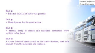 DAY 3:
➢ Bills for SICAL and ECCT was printed
DAY 4:
➢ Made invoice for the contractors
DAY 5:
➢ Manual entry of loaded and unloaded containers were
written in log book
DAY 6:
➢ Cross checked details such as container number, date and
amount from the database and logbook.
 