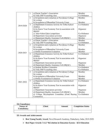2019-2020
1 a) Parent Teacher’s Association
b) Tally ERP 9 coaching class
Member
Co-Ordinator
2 a) Invigilation and evaluation at Providence College
for women
b) Invigilation of Bharathiar University Exam
Member
Member
3 a) Department Extension Activity for Tribal School
children
b) for Know Your Economy Test in association with
SRAEF
c) Inter-School Quiz competition
d) Department Association activities
e) Department Quality Assurance Cell (DQAC)
Co-Ordinator
Organizer
Co-Ordinator
Organizer
Member
2020-2021
1 a) Parent Teacher’s Association
b) Tally ERP 9 coaching class
Member
Co-Ordinator
2 a) Invigilation and evaluation at Providence College
for women
b) Invigilation of Bharathiar University Exam
c) Online Examination Evaluation
Member
Member
Member
3 a) Department Extension Activity for Tribal School
children
b) for Know Your Economy Test in association with
SRAEF
c) Department Association activities
d) Department Quality Assurance Cell (DQAC)
Co-Ordinator
Organizer
Organizer
Member
2021-2022
1 a) Student Welfare Committee
b) Tally ERP 9 coaching class
Co-Ordinator
Co-Ordinator
2 a) Invigilation and evaluation at Providence College
for women
b) Invigilation of Bharathiar University Exam
c) Online Examination Evaluation
Member
Member
Member
3 a) Department Extension Activity for Tribal School
children
b) for Know Your Economy Test in association with
SRAEF
c) Department Association activities
d) Department Quality Assurance Cell (DQAC)
e) College Development Committee (Fund Raising
Committee)
Co-Ordinator
Organizer
Organizer
Member
Co-Ordinator
24) Consultancy
Nature of
Consultancy
Client Amount Completion Status
25) Awards and Achievements
 Best Young Faculty Award, Novel Research Academy, Puducherry, India, 2019-2020.
 Best Paper Awards Titled “Revolution in Education System – K12 Education
 