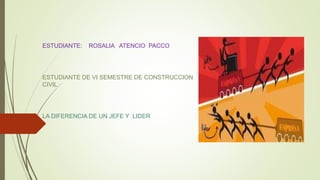 ESTUDIANTE: ROSALIA ATENCIO PACCO
ESTUDIANTE DE VI SEMESTRE DE CONSTRUCCION
CIVIL
LA DIFERENCIA DE UN JEFE Y LIDER
 
