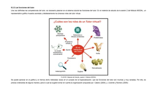 9.2.2 Las funciones del tutor
Una vez definidas las competencias del tutor, es necesario plasmar en el sistema tutorial las funciones del tutor. En el material de estudio de la sesión 2 del Módulo MODAL, un
representativo gráfico muestra acertada y detalladamente los diversos roles del tutor virtual.




                                                                   FLACSO: Material de Estudio, sesión 2, Módulo MODAL
Se puede apreciar en el gráfico y lo hemos dicho reiteradas veces en el cursado de la Especialización, que las funciones del tutor son muchas y muy variadas. Por ello, es
preciso ordenarlas de alguna manera, para lo cual se sugiere tomar en cuenta la organización propuesta por Cabero (2004), y Llorente y Romero (2005):
 