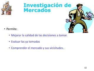 • Permite:
• Mejorar la calidad de las decisiones a tomar.
• Evaluar las ya tomadas
• Comprender el mercado y sus vicisitudes..
12
Investigación de
Mercados
 