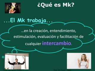 ¿Qué es Mk?
…en la creación, entendimiento,
estimulación, evaluación y facilitación de
cualquier intercambio.
5
...El Mk trabaja...
Mujer feliz Fuente: FreepikSeñor feliz Fuente: Freepik
 