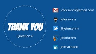 Questions?
jefersonm@gmail.com
jefersonm
@jefersonm
jefersonm
jefmachado
Thank you
 