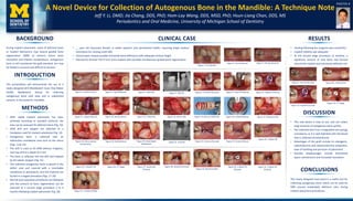 A Novel Device for Collection of Autogenous Bone in the Mandible: A Technique Note
Jeff Y. Li, DMD; Jia Chang, DDS, PhD; Hom-Lay Wang, DDS, MSD, PhD; Hsun-Liang Chan, DDS, MS
Periodontics and Oral Medicine, University of Michigan School of Dentistry
During implant placement, areas of deficient bone
or implant dehiscence may require guided bone
regeneration (GBR) to prevent future bone
resorption and implant complications. Autogenous
bone is still considered the gold standard, but may
be limited in amount and difficult to harvest.
BACKGROUND
INTRODUCTION
CLINICAL CASE
DISCUSSION
POSTER #
This presentation will demonstrate the use of a
newly designed drill [NeoBiotech Auto Chip Maker
(ACM); NeoBiotech, Korea] for collecting
autogenous bone with ease and in substantial
amount, in the posterior mandible.
METHODS
• After stable implant placement has been
achieved according to standard protocol, the
area can be assessed for deficient bone (Fig. 10)
• ACM drill and stopper are attached to a
handpiece used for implant osteotomy (Fig. 13)
• Autogenous bone is collected over an
edentulous mandibular area such as the ramus
(Figs. 13 & 14)
• The drill is used at 70 RPM without irrigation,
and may drill to a depth of 4 mm
• The bone is collected into the drill and trapped
by the plastic stopper (Fig. 15)
• The collected autogenous bone is placed in the
defect area and covered with a resorbable
membrane or periosteum, and the implants are
buried in a staged procedure (Figs. 17-20)
• Normal post-operative procedures are followed,
and the amount of bone regeneration can be
assessed at a second stage procedure 3 to 4
months following implant placement (Fig. 26)
RESULTS
• Healing following the surgeries was uneventful
• Implant stability was adequate
• At the second stage procedure (3 months), a
significant amount of new bone had formed
around the implant and previously deficient site
• This new device is easy to use, and can collect
large amounts of autogenous bone quickly
• The collected bone has a coagulated and spongy
consistency, as it is well hydrated with the blood
that is collected simultaneously
• Advantages of this graft include its osteogenic,
osteoinductive and osteoconductive properties,
ease of handling and precision of placement
• Possible disadvantages include diminished
space maintenance and increased resorption.
• __ year old Caucasian female, in stable systemic and periodontal health, requiring single implant
restoration for missing tooth #30
• Clinical exam reveals possible horizontal bone deficiency with adequate vertical height
• Planned for Zimmer TSV 4.7x11.5mm implant with possible simultaneous guided bone regeneration
Figure 1. Pre-Op Bite
Figure 2. Pre-Op Buccal Figure 3. Pre-Op Occlusal
Figure 8. Final Drill Occlusal Figure 10. Implant OcclusalFigure 9. Final Drill BuccalFigure 7. Pilot PAFigure 6. Pilot DrillFigure 5. Flap ReflectionFigure 4. Crestal Incision
Figure 11. Implant Buccal Figure 12. Ramus Donor Figure 13. Collection Figure 14. Donor Site Figure 15. Bone in ACM Drill Figure 16. Collected Bone Figure 17. Recipient Site
Figure 24. 2 Week PO
Figure 23. Sutures BuccalFigure 22. Sutures OcclusalFigure 21. Final PAFigure 18. Intra-marrow
Penetrations
Figure 19. Grafted Bone Figure 20. Absorbable
Membrane
Figure 25. 3 Month PO Figure 26. 2nd Stage Figure 27. Abutment
Occlusal
Figure 28. Abutment Buccal
Figure 32. 2 Week PO Bite
Figure 30. 2 Week PO
OcclusalFigure 29. Abutment Bite
Figure 31. 2 Week PO
Occlusal
CONCLUSIONS
This newly designed instrument is a useful tool for
collecting autogenous bone, which can be used for
GBR around moderately deficient sites during
implant placement procedures.
Figure 10. Implant Occlusal
Figure 26. 2nd Stage
Figure 3. Pre-Op Occlusal Figure 25. 3 Month PO
 