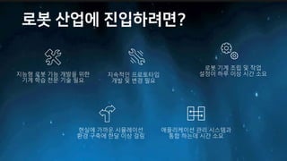 지능형 로봇 기능 개발을 위한
기계 학습 전문 기술 필요
지속적인 프로토타입
개발 및 변경 필요
로봇 기계 조립 및 작업
설정이 하루 이상 시간 소요
현실에 가까운 시뮬레이션
환경 구축에 한달 이상 걸림
애플리케이션 관리 시스템과
통합 하는데 시간 소요
 