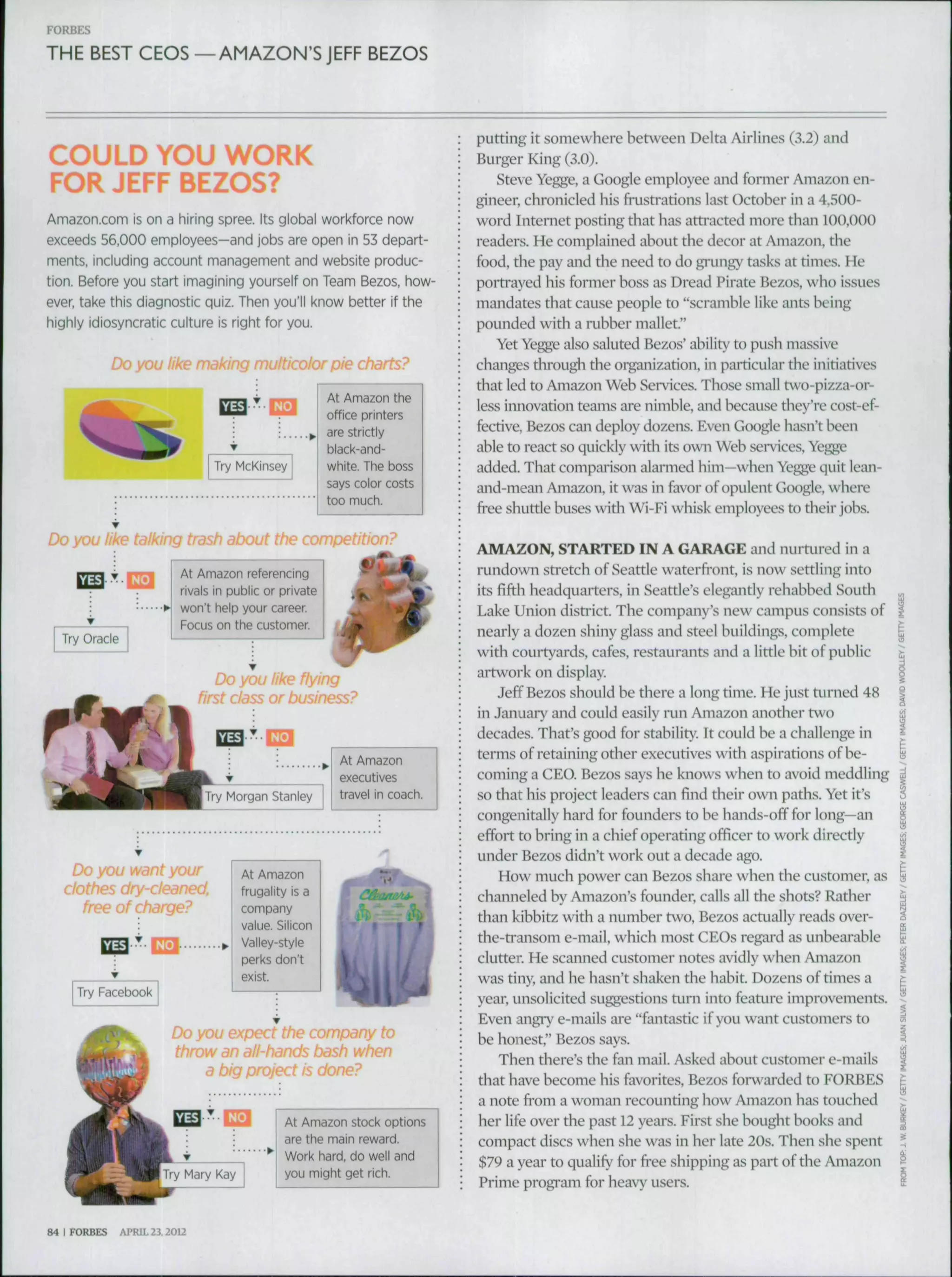 FORBFS
THE BEST CEOS —AMAZON'SJEFF BEZOS
COULD YOU WORK
FOR JEFF BEZOS?
Amazon.com is on a hiring spree. Its global workforce now
exceeds 56,000 employees—and jobs are open in 53 depart-
ments, including account management and website produc-
tion. Before you start imagining yourself on Team Bezos, how-
ever, take this diagnostic quiz. Then you'll know better if the
highly idiosyncratic culture is right for you.
Dn ynii ¡¡ke making multicolor pie charts?
Try McKinsey
At Amazon the
office printers
are strictly
black-and-
white. The boss
says color costs
too much.
Do you like talking trash about the competition?
Try Oracle
At Amazon referencing
rivals in public or private
won't help your career.
Focus on the customer.
Do you like flymy
first class or business?
At Amazon
executives
travel in coach.
Do you want your
clothes dry-cleaned,
free of charge?
Try Facebook
At Amazon
frugality is a
company
value. Silicon
Valley-style
perks don't
exist.
Do you expect the company to
throw an all-hands t>ash when
a big project is done?
At Amazon stock options
are the main reward.
Work hard, do well and
you might get rich.
putting it somewhere between Delta Airlines (3.2) and
Burger King (3.0).
Steve Yegge, a Google employee and former Amazon en-
gineer, chronicled his frustradons last Octoher in a 4,500-
word Internet posdng that has atti-acted more than 100,000
readers. He complained about the decor at Amazon, the
food, the pay and the need to do grungy tasks at dmes. He
poiti-ayed his former boss as Dread Pirate Bezos, who issues
mandates that cause people to "scramble like ants being
pounded with a rubber mallet."
Yet Yegge also saluted Bezos' ability to push massive
changes through the organizadon, in pai-dcular the inidadves
that led to Amazon Web Services. Those small two-pizza-or-
less innovadon teams are nimble, and because they're cost-ef-
fecdve, Bezos can deploy dozens. Even Google hasn't been
able to react so quickly with its own Web sei-vices, Yegge
added. That comparison alamied him—when Yegge quit lean-
and-mean Amazon, it was in favor of opulent Google, where
free shuttle buses with Wi-Fi whisk employees to their jobs.
AMAZON, STARTED IN A GARAGE and numircd in a
rundown stretch of Seattle waterfi-ont, is now settling into
its fifth headquarters, in Seattle's elegantly rehahhed South
Lake Union district. The company's new campus consists of
nearly a dozen shiny glass and steel huildings, complete
with couityards, cafes, restaurants and a little bit of public
ai-twork on display.
Jefï Bezos should be there a long time. He just turned 48
in Januai-y and could easily run Amazon another two
decades. That's good for stahility. It could he a challenge in
terms of retaining other executives with aspirations of be-
coming a CEO. Bezos says he knows when to avoid meddling
so that his project leaders can find their own paths. Yet it's
congenitally hai-d for founders to he hands-off for long—an
effort to bring in a chief operadng officer to work directly
under Bezos didn't work out a decade ago.
How much power can Bezos share when the customer, as
channeled by Amazon's founder, calls all the shots? Rather
than kibhitz with a number two, Bezos acttially reads over-
the-transom e-mail, which most CEOs regard as unhearable
clutter. He scanned customer notes avidly when Amazon
was tiny, and he hasn't shaken the habit Dozens of times a
year, unsolicited suggestions turn into feature improvements.
Even angry e-mails are "fantasdc if you want customers to
be honest," Bezos says.
Then there's the fan mail. Asked about customer e-mails
that have become his favorites, Bezos forwarded to FORBES
a note from a woman recounting how Amazon has touched
her life over the past 12 years. First she hought hooks and
compact discs when she was in her late 20s. Then she spent
$79 a year to qualify forfi-eeshipping as part of the Amazon
Prime program for heavy users.
84 I FORBES APRIL 23.2012
 