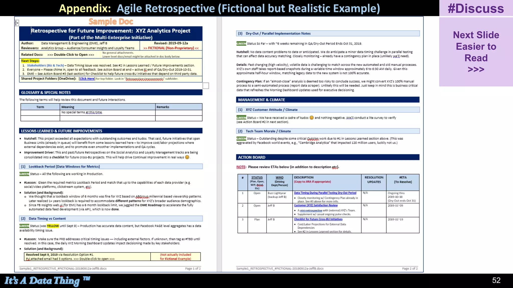 5252
Appendix: Agile Retrospective (Fictional but Realistic Example) #Discuss
Next Slide
Easier to
Read
>>>
 